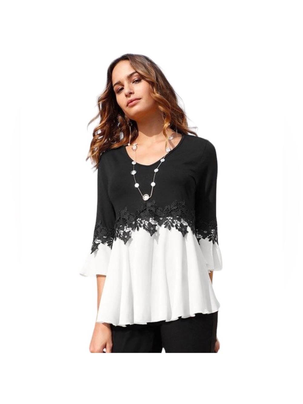 Alfani Black and White Lace-Trim Peplum Tunic